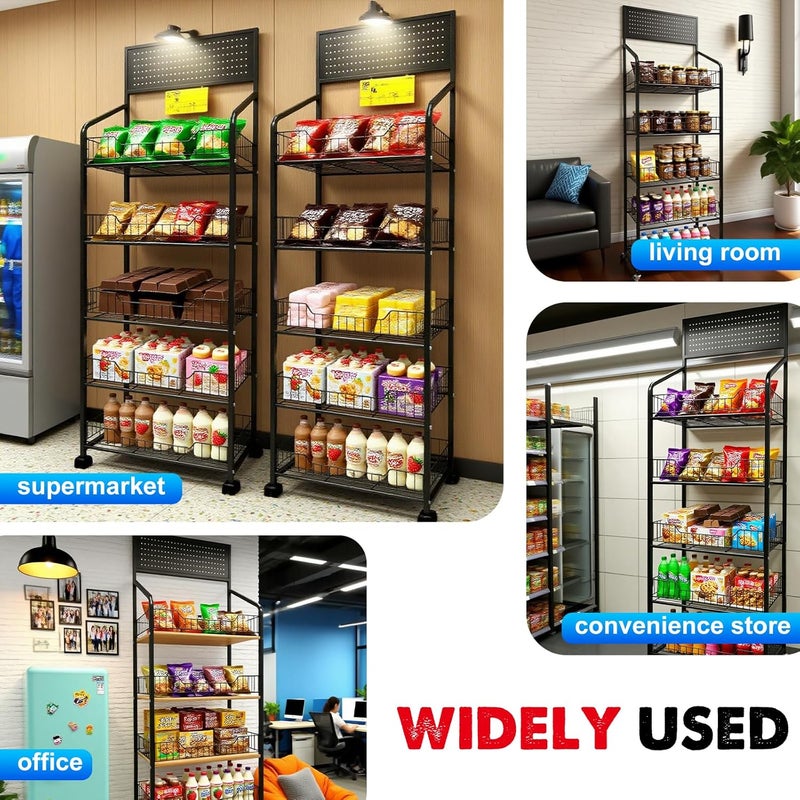 Nerxerx 5 Tier Retail Candy Display Rack Metal Storage Shelf with Wheels & 15 Hooks Concession Candy Snack Display Racks Sturdy and Stable Chip Shelf Rack for Stores, Kitchen, Office (5 Tier Black 50cm) - Image 5